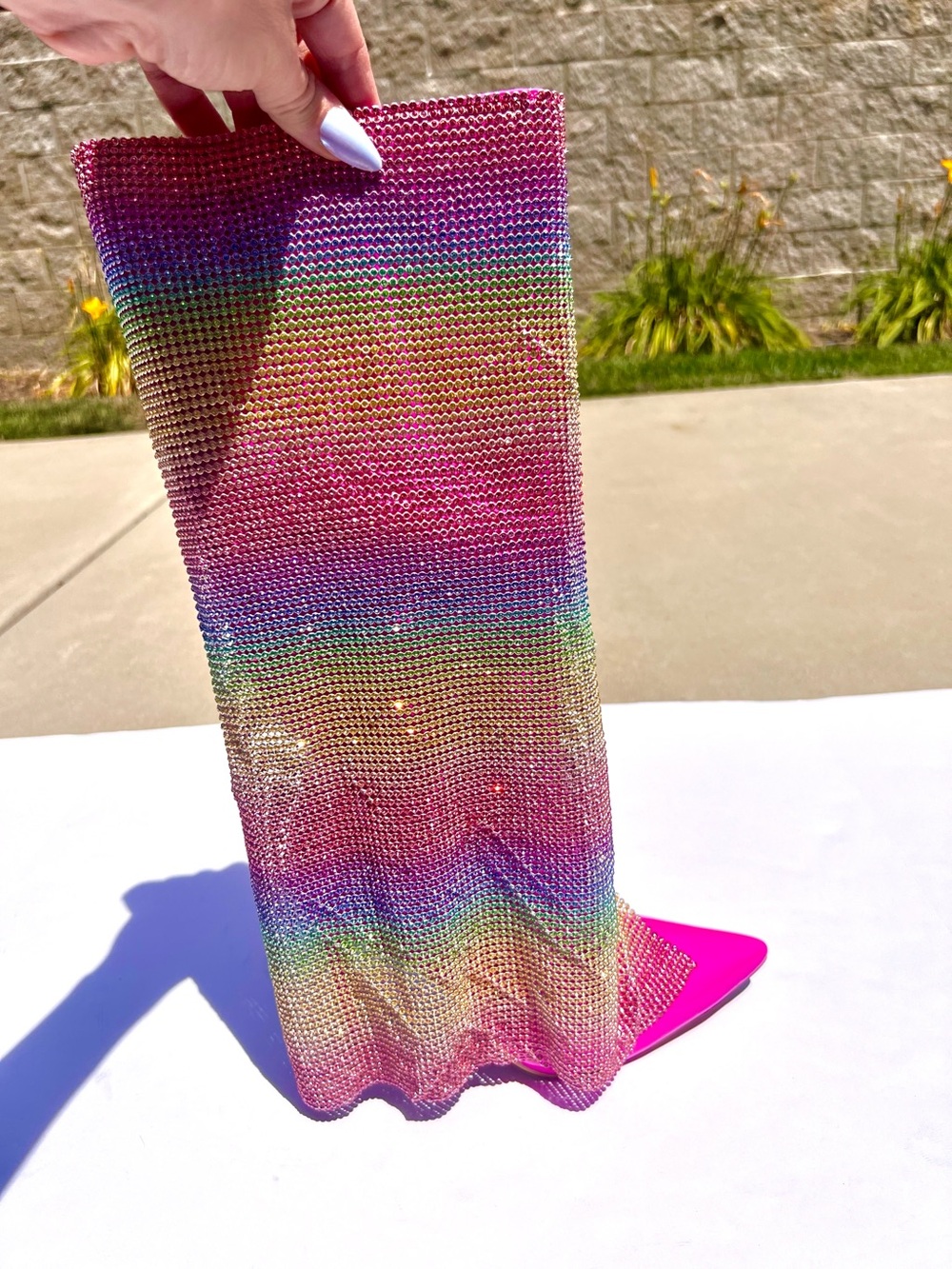Rainbow Rhinestone 5” Stiletto Boots. Hot Pink - Colorful Gem Chain Curtain EDC - Picture 5 of 17